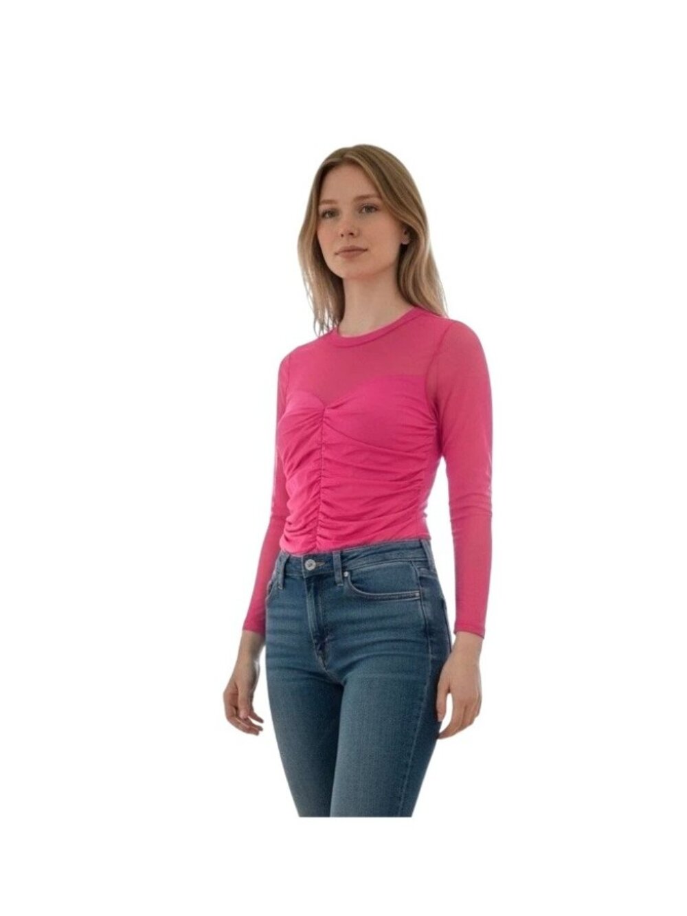 Halara Women's Hot Pink Bodysuit Ruched Mesh Long Athleisure Rave Neon Size Smal